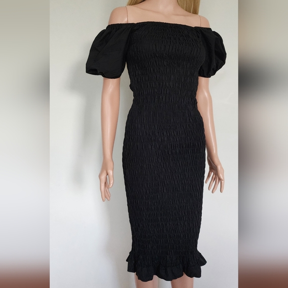LULUS BLACK DRESS MIDI SMOCKED SMALL - Picture 8 of 12